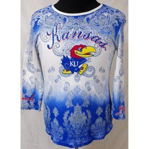 P Michael KU Kansas Jayhawks Large Blue White Rhinestones Paisley Floral Top